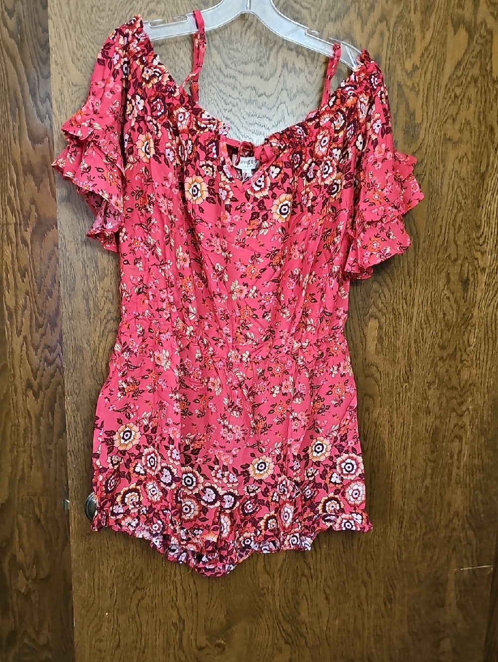Umgee Cherry Floral Cold-Shoulder Romper with Ruffle Sleeves